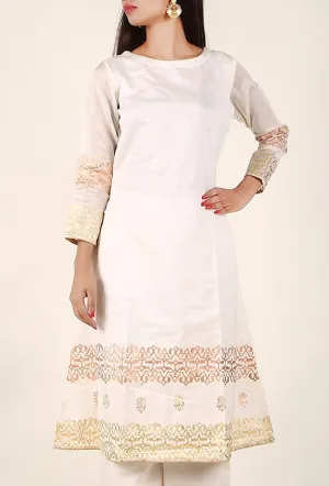 Off White Gold Foil Print Chanderi Kurta