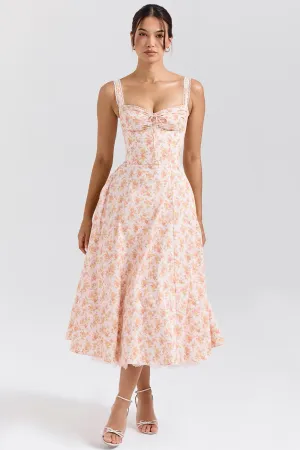 Rosalee Peach Poppy Print Bustier Sundress