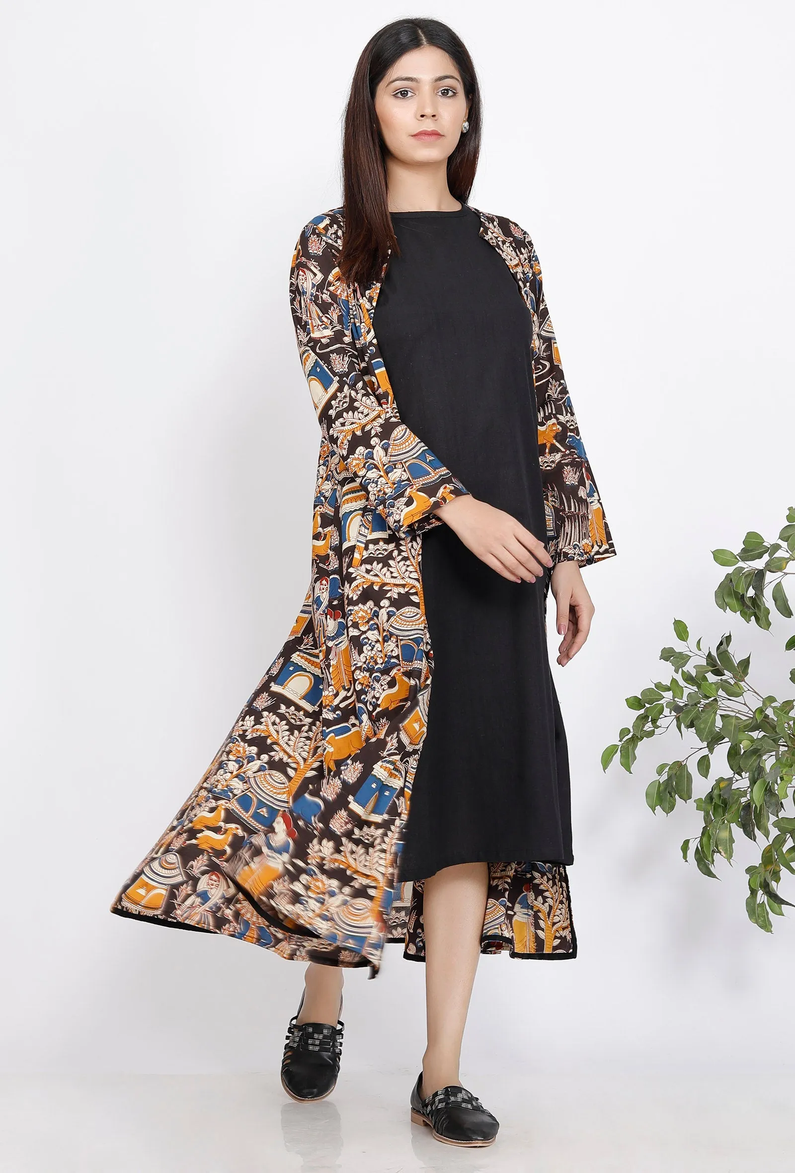 Set of 2 : Black A-Line Dress and Kalamkari Cape