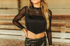 Sheer Long Sleeve Fringe Crop Top