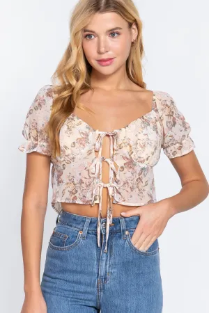 Short Slv Front Tie Print Woven Top - Ships from The US