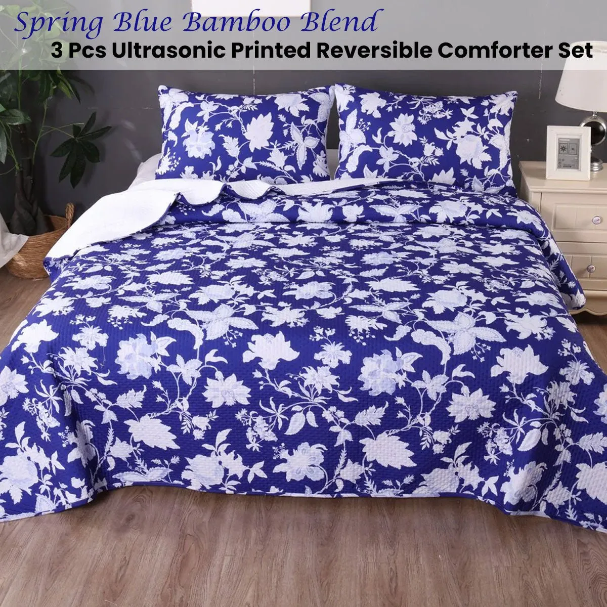 Spring Blue 3 Pcs Bamboo Blend Ultrosonic Reversible Comforter Set King