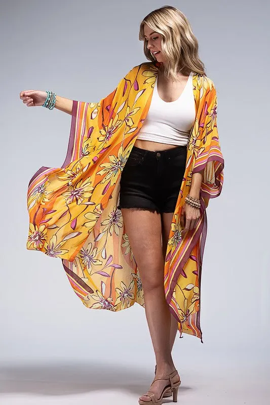 Sunrise Vibrant Floral Print & Stripe Border Open Kimono Wrap Coverup Top