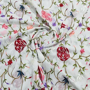 White Multicolor Floral Embroidery Georgette Fabric 65