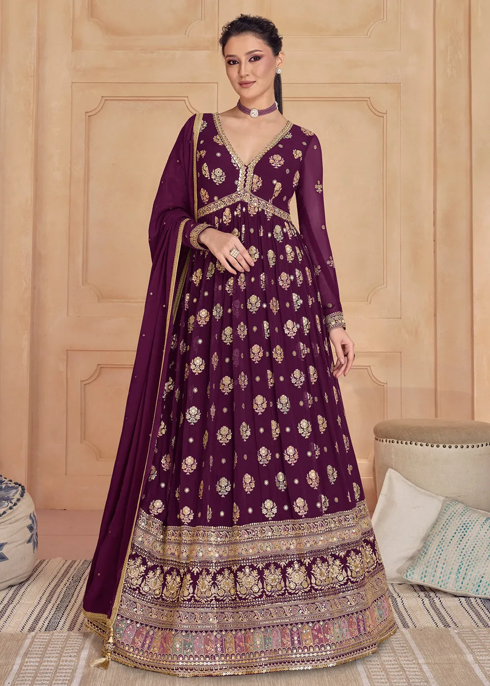 Wine Purple Real Georgette Embroidered Long Anarkali Gown