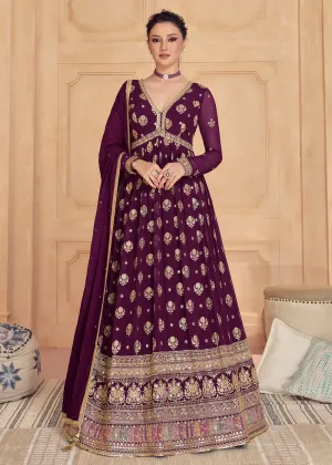 Wine Purple Real Georgette Embroidered Long Anarkali Gown