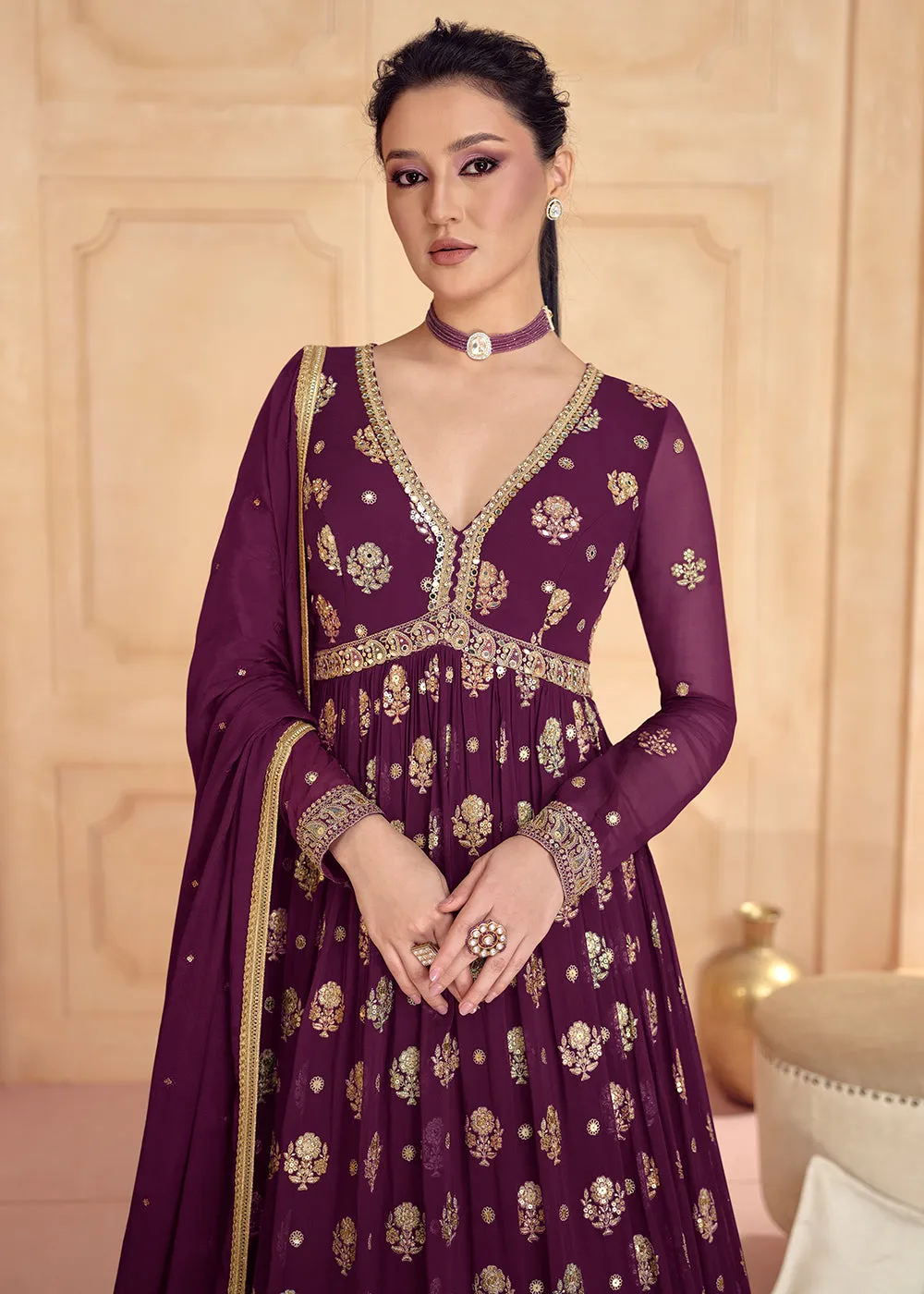 Wine Purple Real Georgette Embroidered Long Anarkali Gown