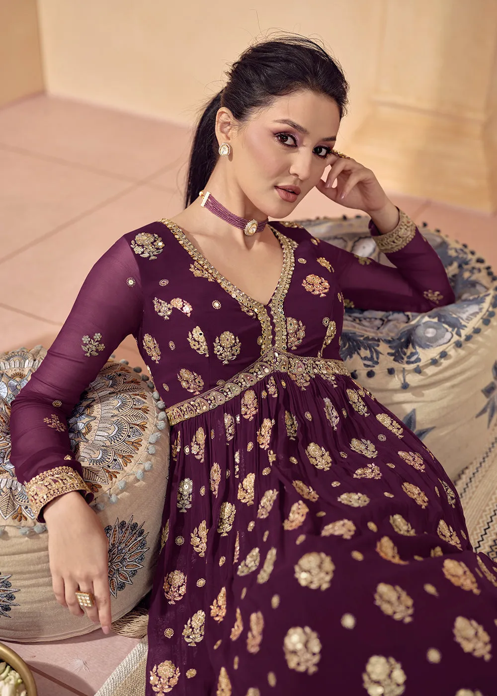 Wine Purple Real Georgette Embroidered Long Anarkali Gown